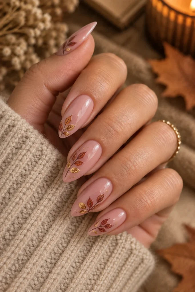 Pink fall nails with tiny gold and brown autumn leaf accents