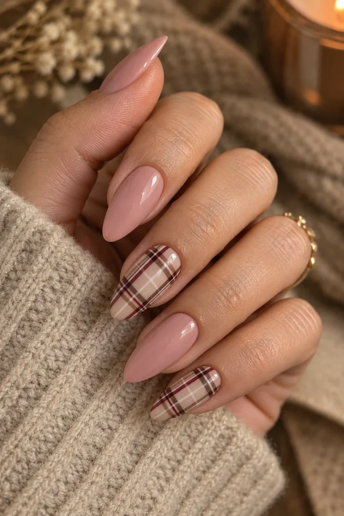Pink nails with cozy burgundy brown cream and taupe plaid art