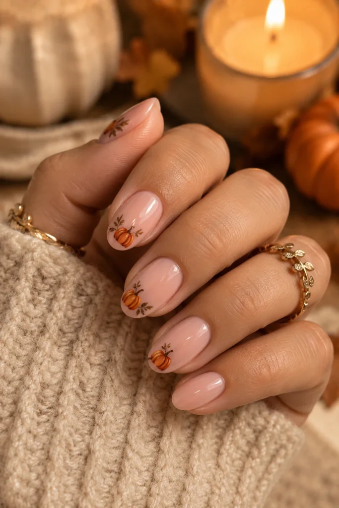 Pink nails with cute tiny pumpkin nail art
