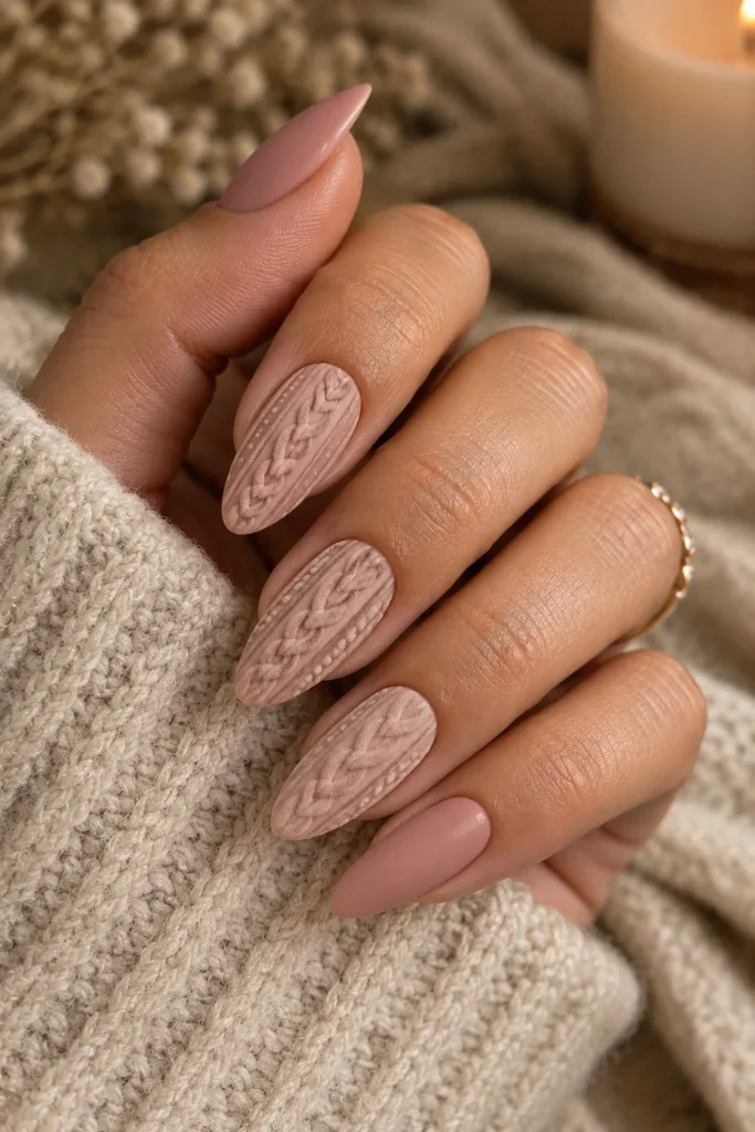 Pink fall nails with raised 3D knitted sweater nail art