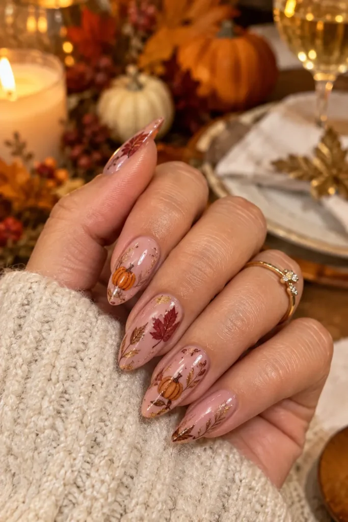 Pink fall nails with tiny Thanksgiving pumpkins leaves and gold accents