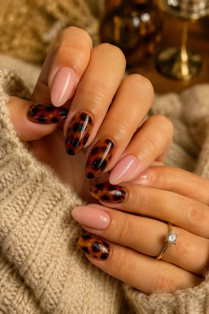 Pink nails with trendy tortoiseshell accent nails