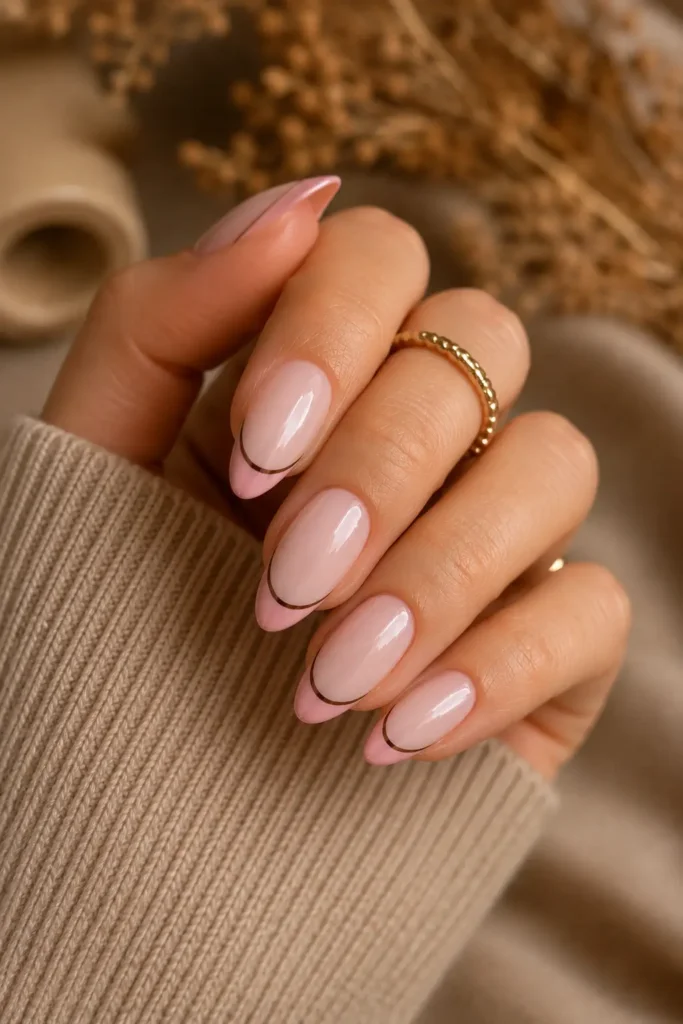 Pink nails with chocolate brown French tips and accent lines