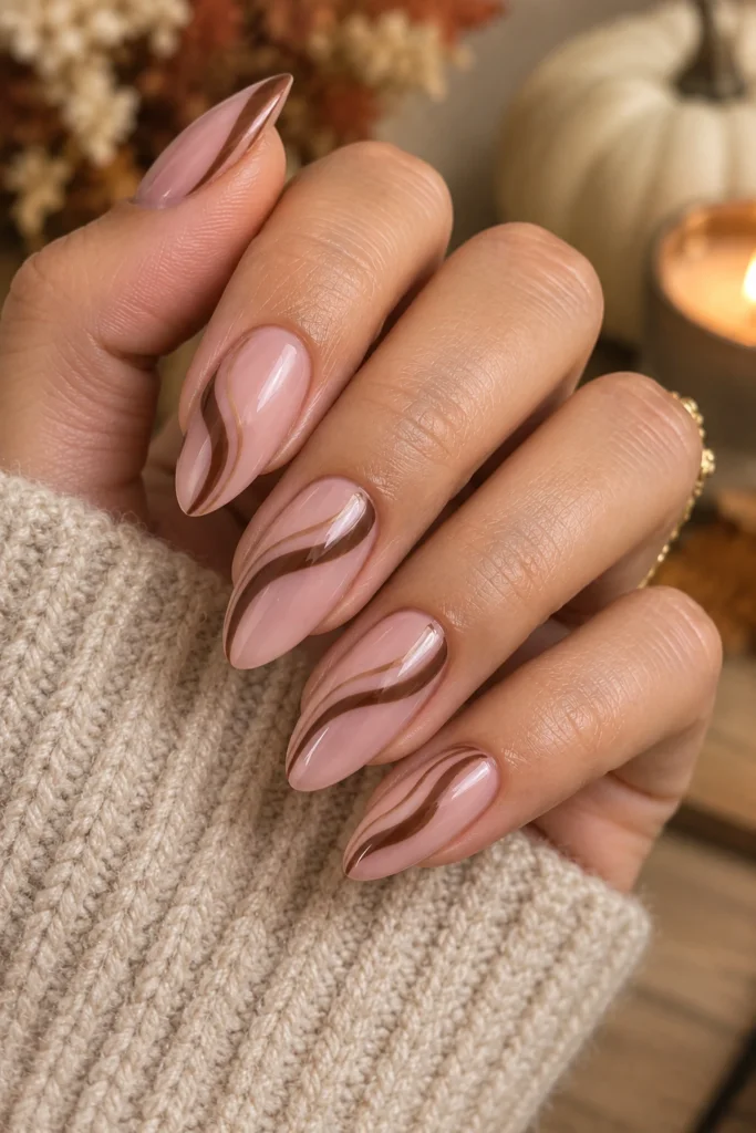 Pink nails with chocolate brown swirl nail art