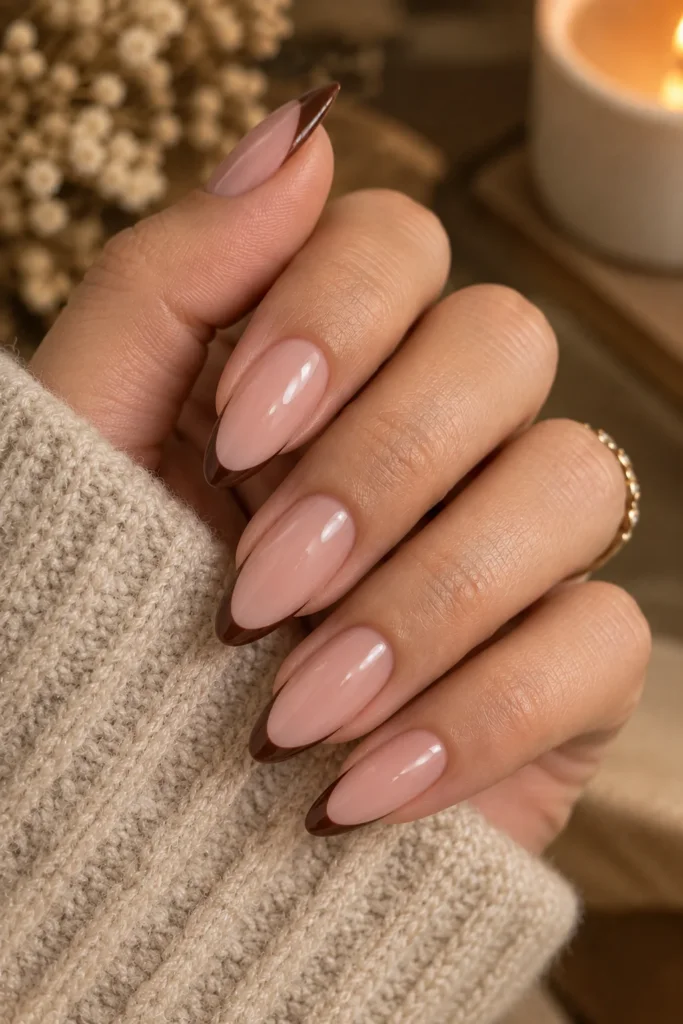Pink nails with thin chocolate brown French tips