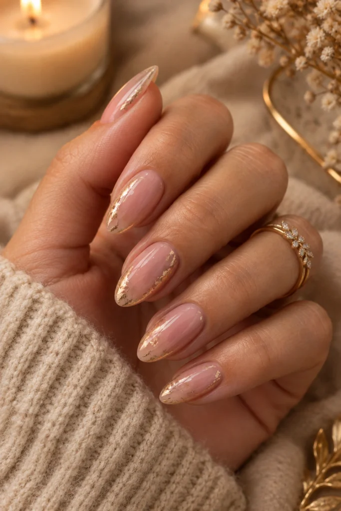 Pink fall nails with elegant gold foil accents