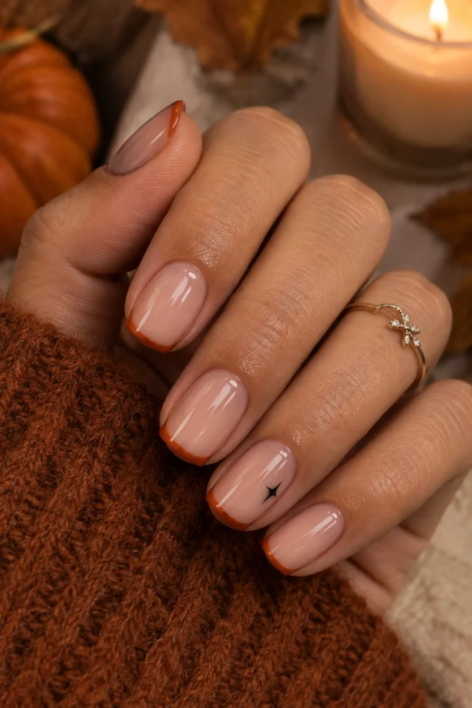 Short square nails with burnt orange micro-French tips