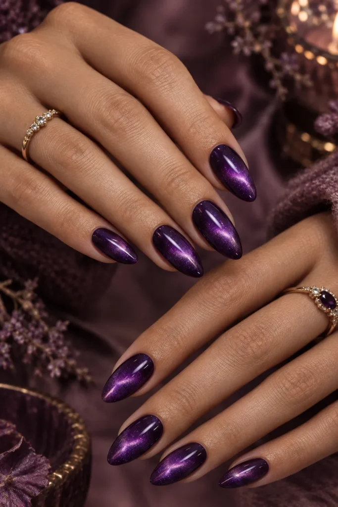 Purple cat eye nails with luminous violet magnetic shimmer