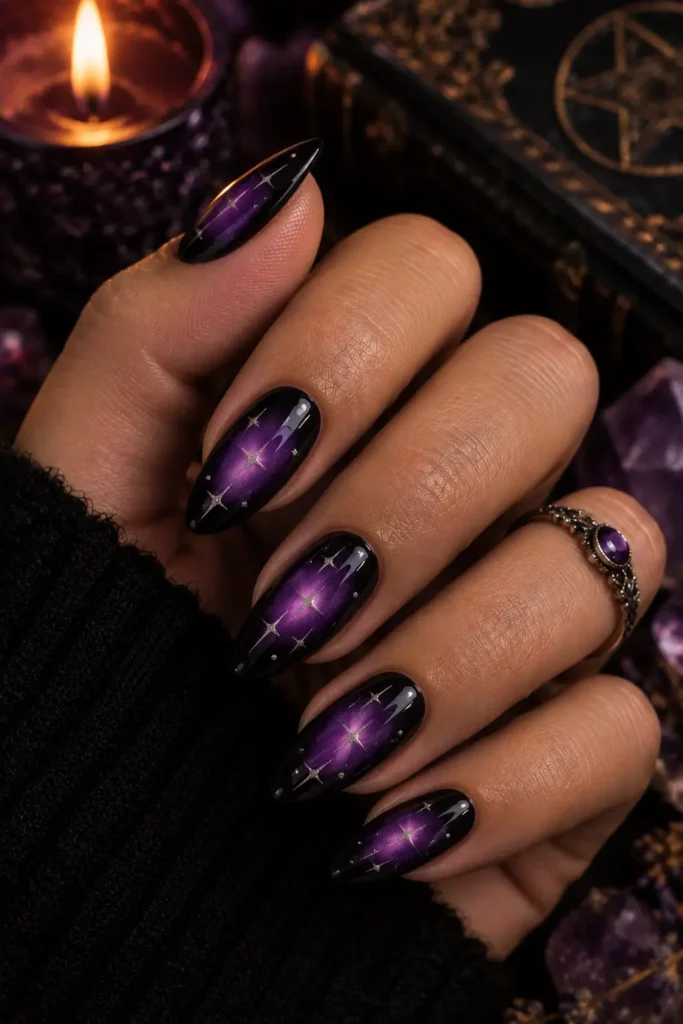 Almond nails with glowing purple aura and silver stars