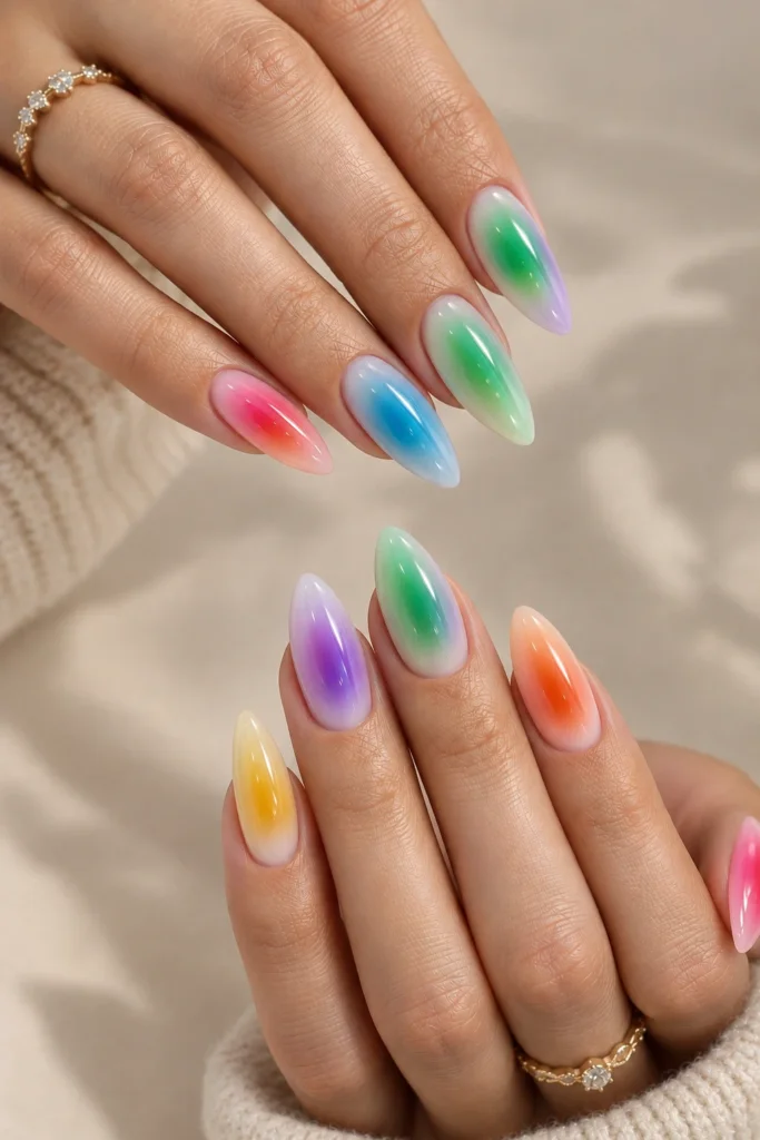 Colorful rainbow manicure with different bright gradient combinations