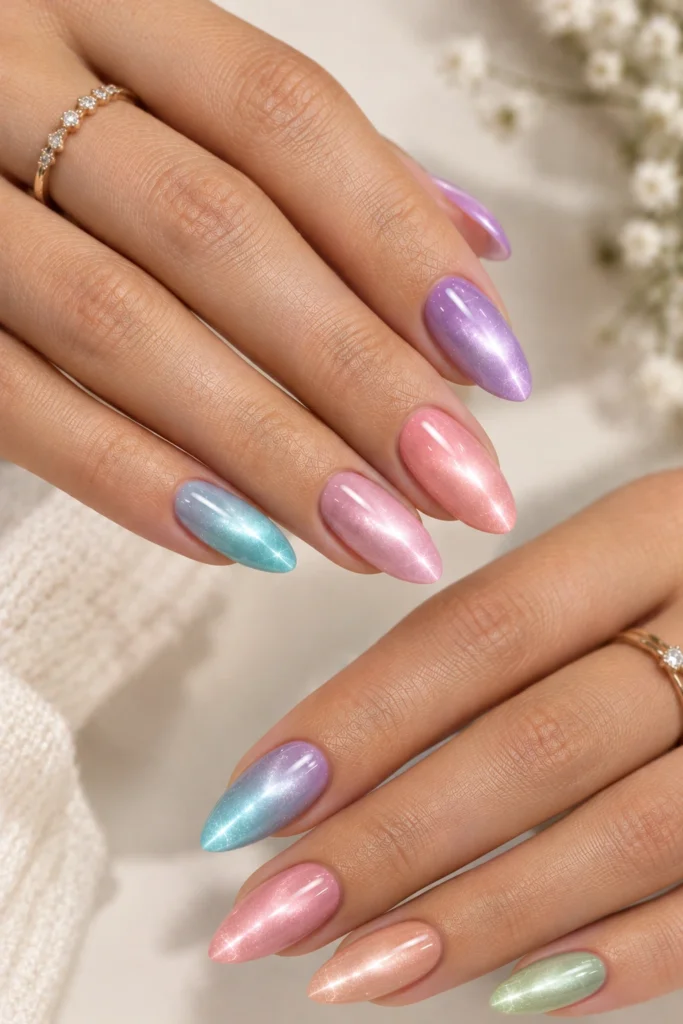 Rainbow cat eye nails in pastel lavender, aqua, pink, peach and mint