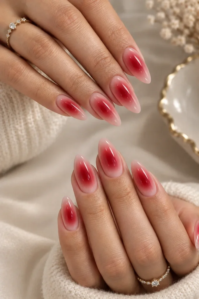 Red aura manicure with a sheer nude base and cherry-red center