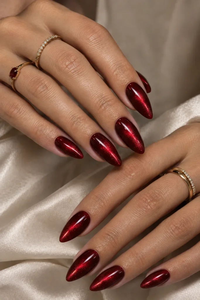 Red cat eye nails with bright ruby reflective shimmer