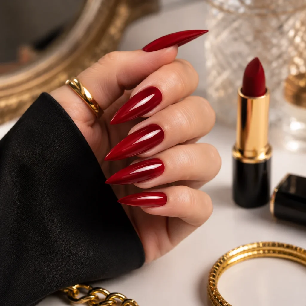 Red stiletto nail idea with a high-gloss crimson finish