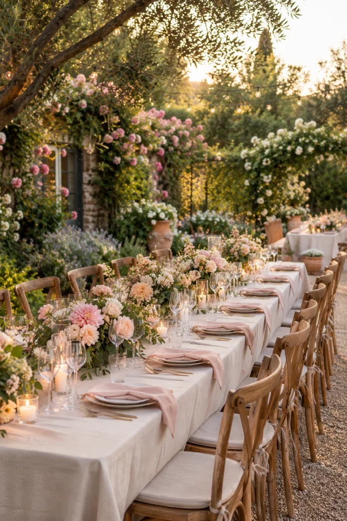 Romantic garden reception with blush flowers, sage greenery, and ivory-covered tables.