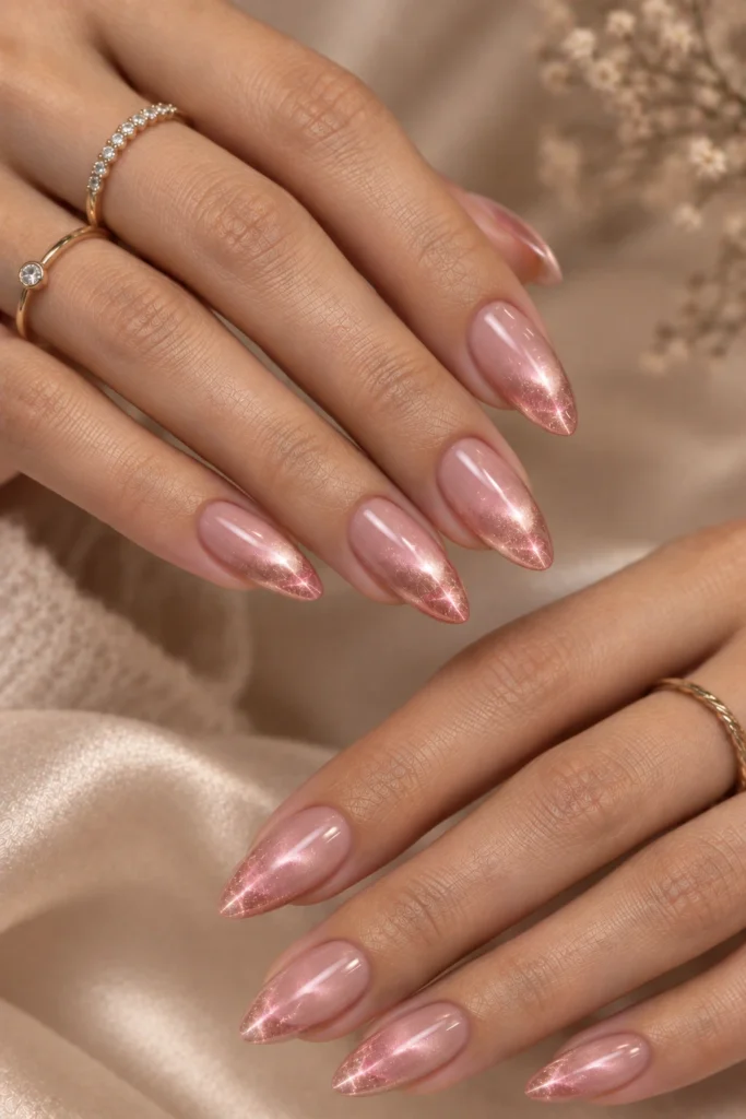 Rose gold cat eye nails with copper-pink magnetic shimmer