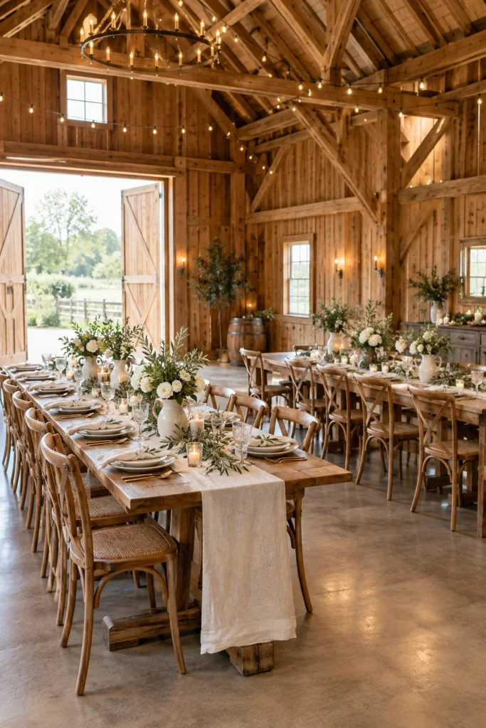 Rustic barn reception with wooden tables, cream runners, and flowers in ceramic pitchers.