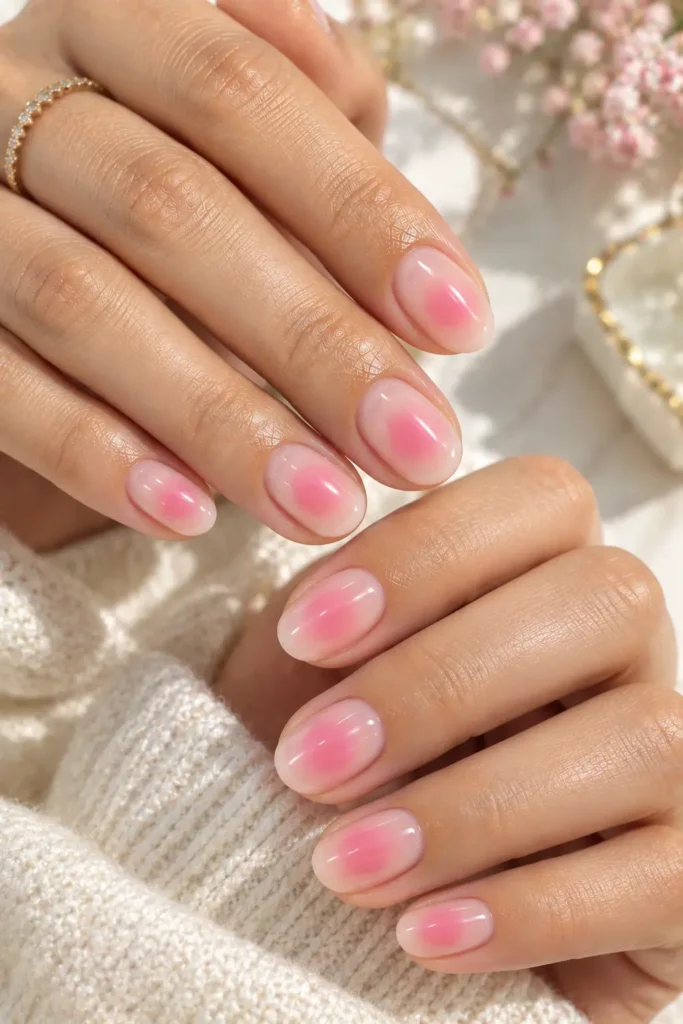 Short aura nails with a simple two-color central gradient