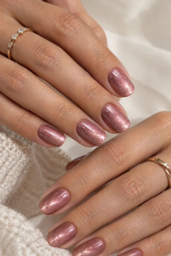 Short dusty rose cat eye nails with velvet magnetic shimmer