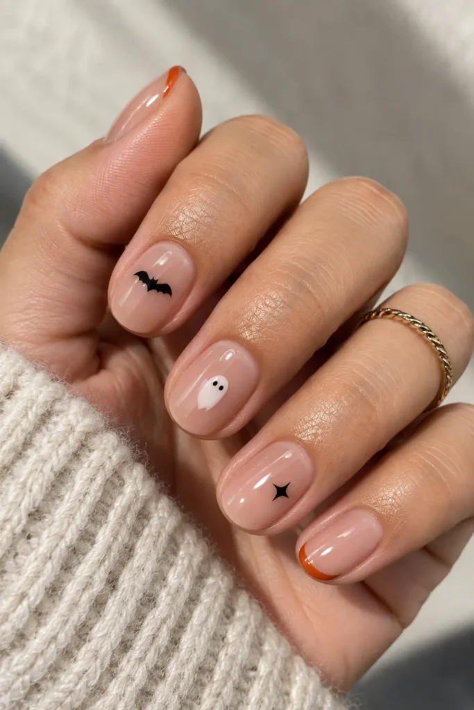 Short nude nails with tiny bats ghosts and orange tips