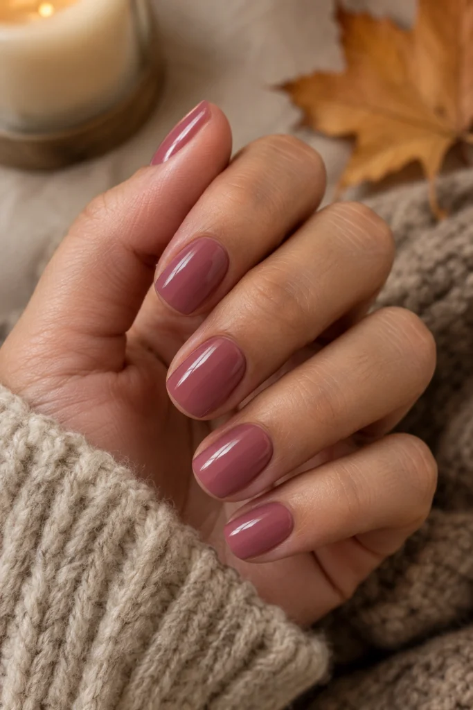 Pink fall nails in a short muted berry pink squoval shape