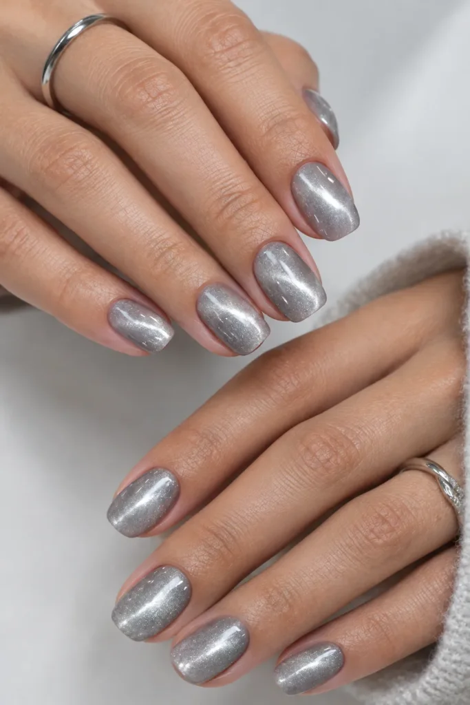 Silver cat eye nails with icy metallic magnetic shimmer