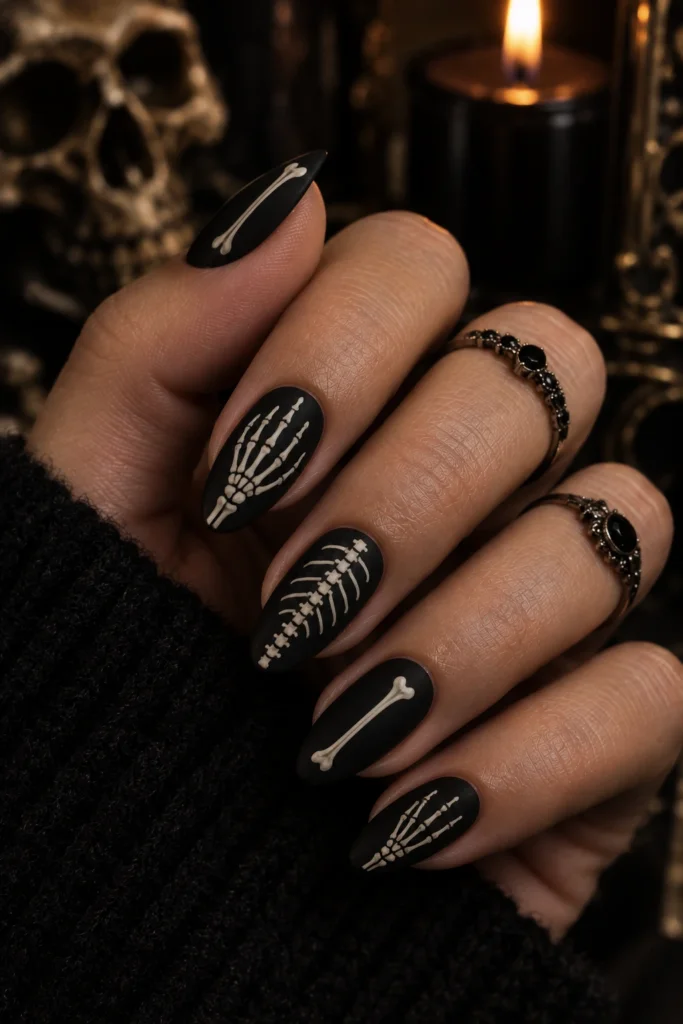 Matte black almond nails with ivory skeleton art