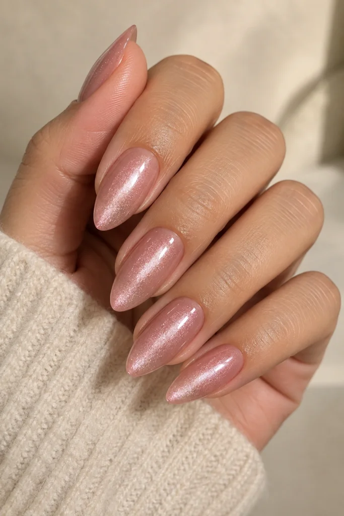 Soft pink cat eye nails with subtle magnetic shimmer
