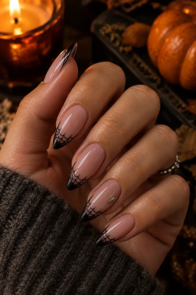 Blush almond nails with black spiderweb French tips