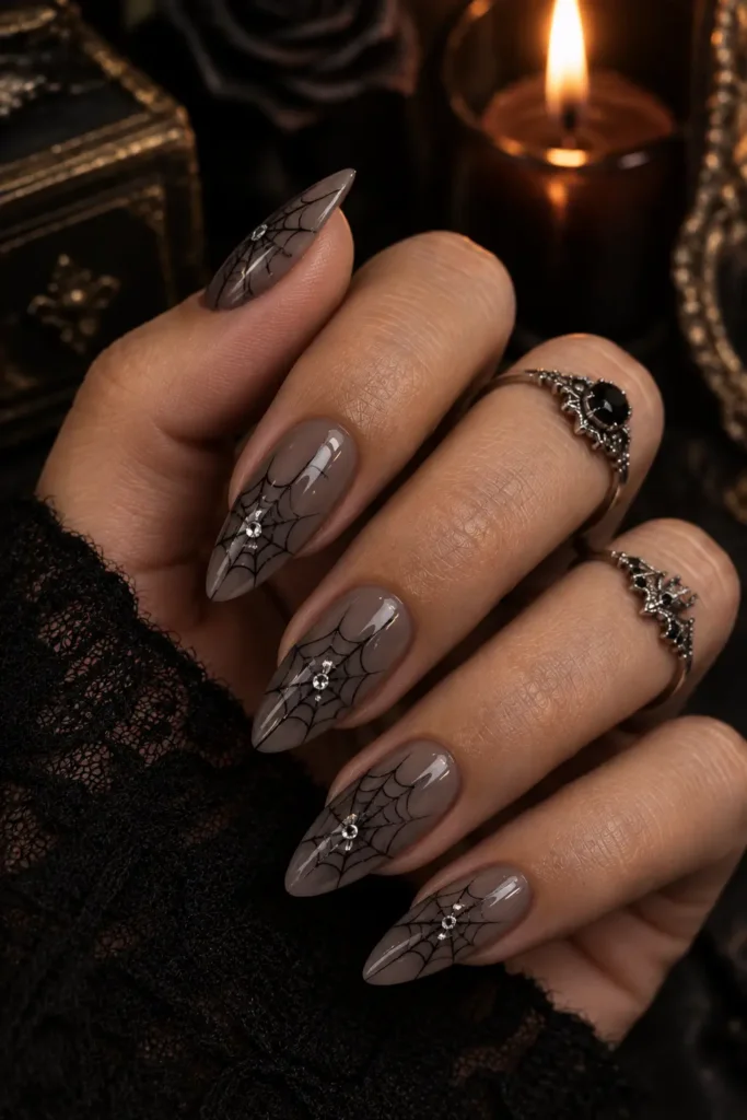 Smoky almond nails with black spiderwebs and rhinestones