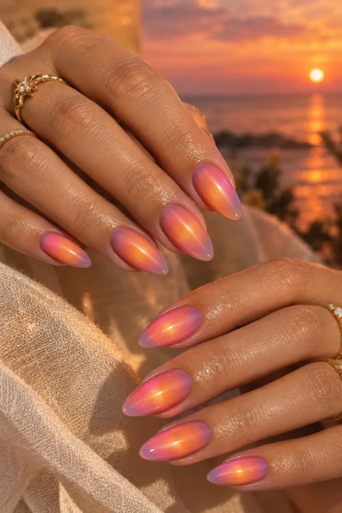 Sunset-inspired manicure with pink, peach, orange, and purple tones