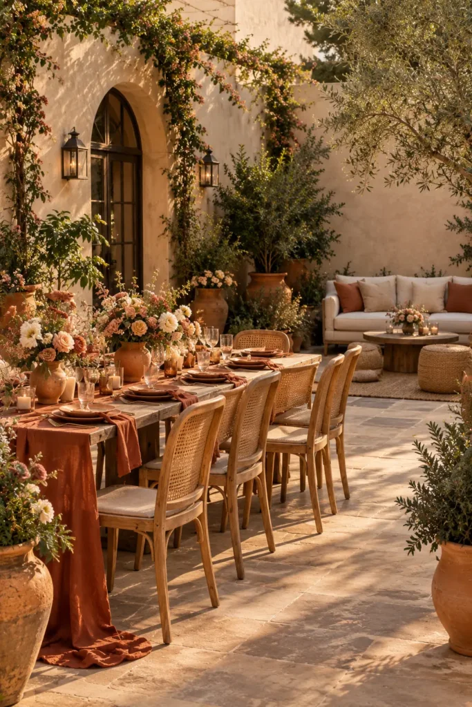 Terracotta reception with clay vases, rust table runners, and woven cane chairs.