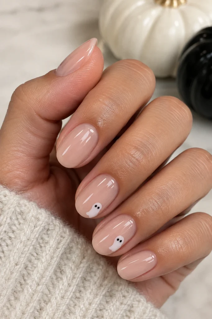 Short nude nails with tiny white ghost accents
