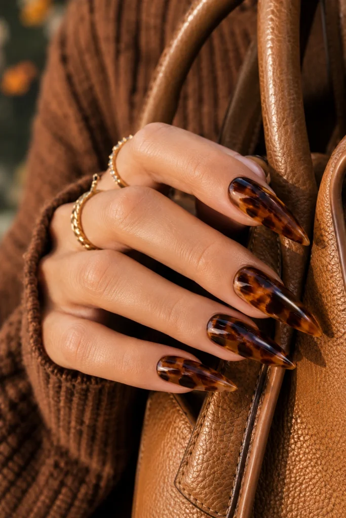 Long stiletto nails with layered amber and brown tortoiseshell nail art