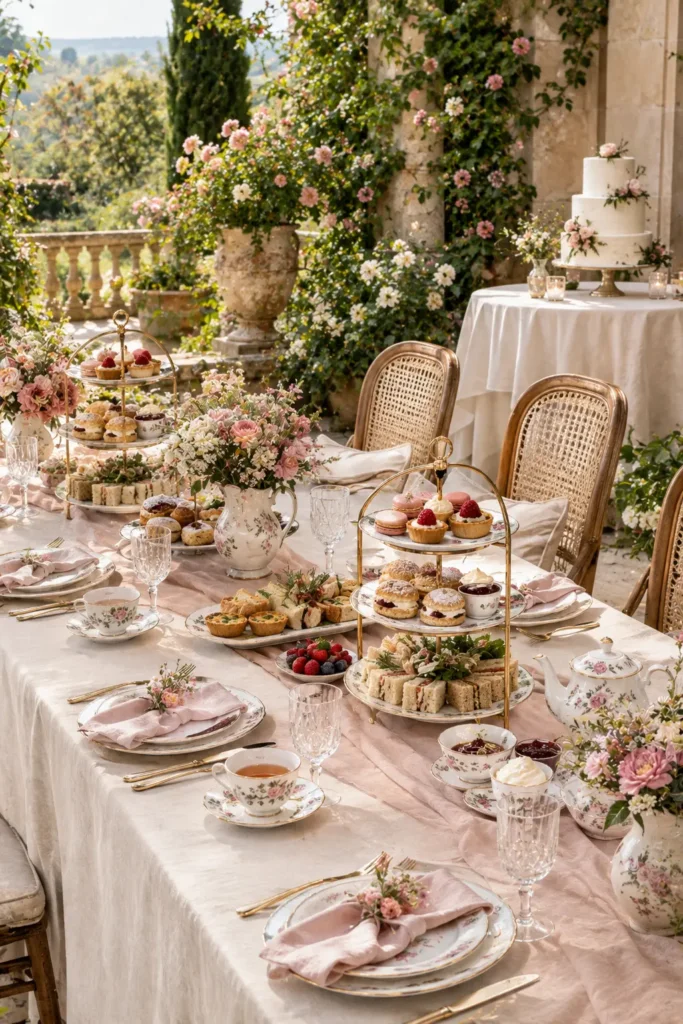 Vintage tea reception with floral china, tiered pastry stands, and dusty-pink flowers.