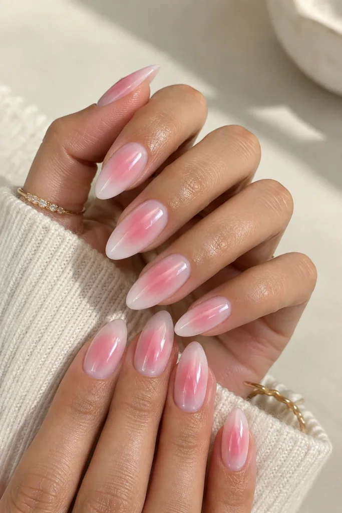 Milky white and pink gradient manicure with a glowing center