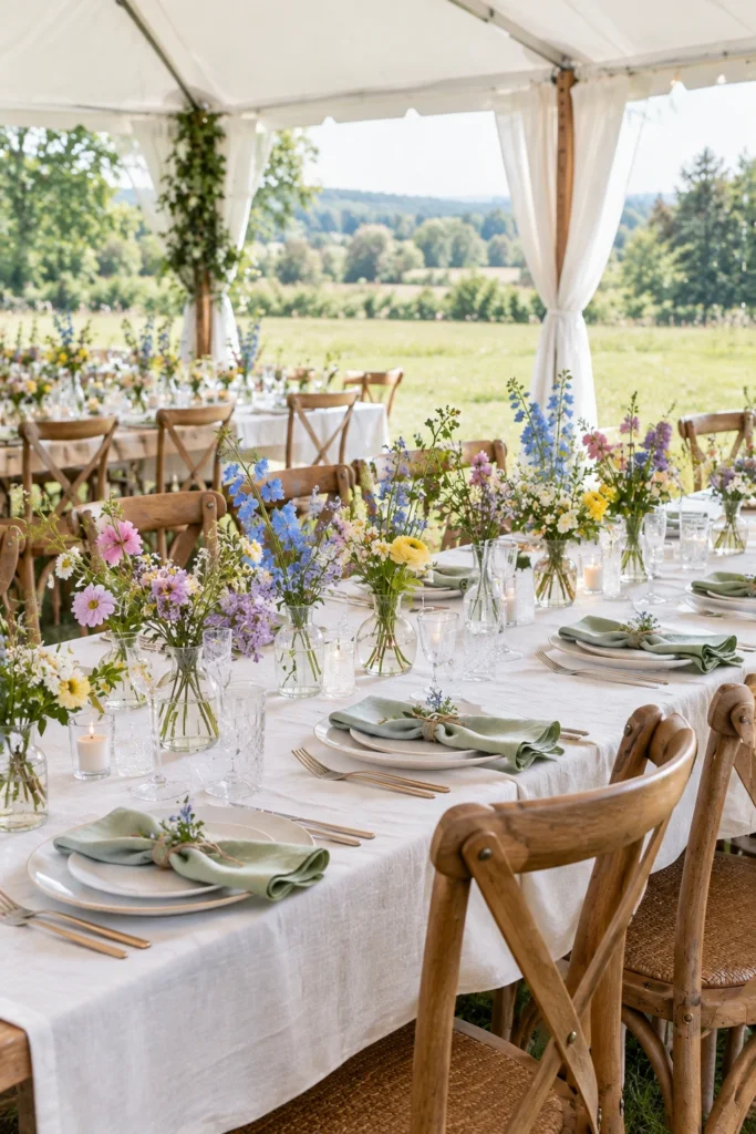 Meadow-inspired reception table with pastel flowers in bud vases beneath a white tent.