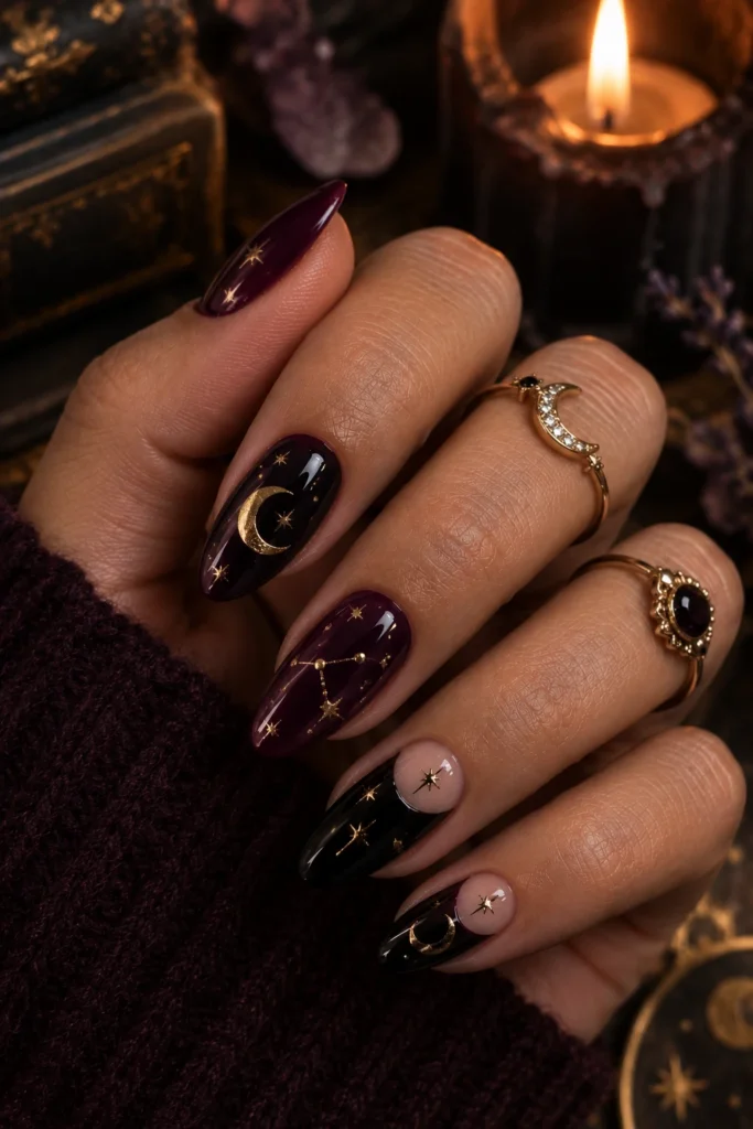 Aubergine almond nails with gold moons and stars