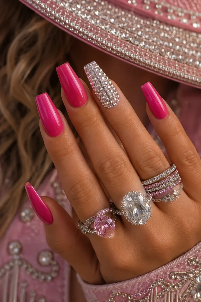 Glossy pink nails with one crystal-covered accent nail
