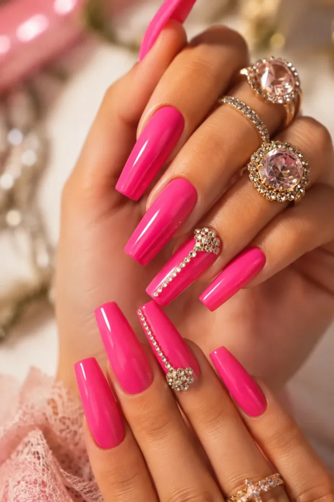 Classic Dolly Parton nails in a long square hot pink acrylic design