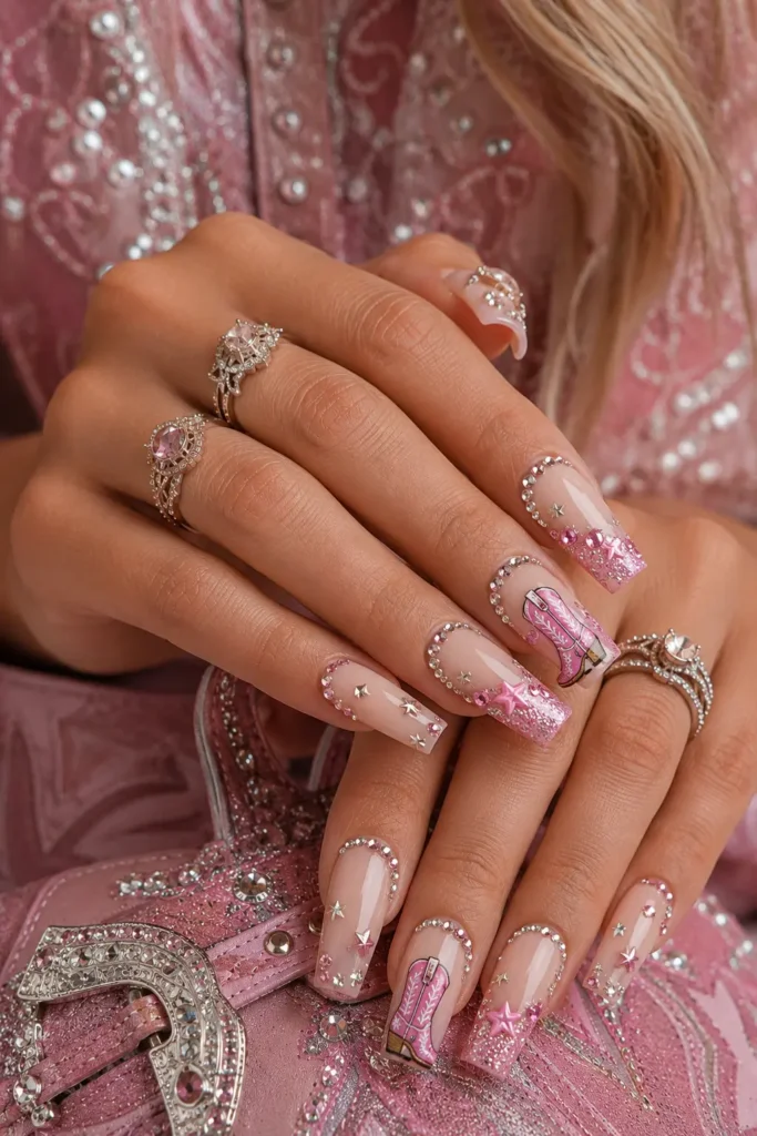 Nude and pink nails with hand-painted cowboy boot art and stars