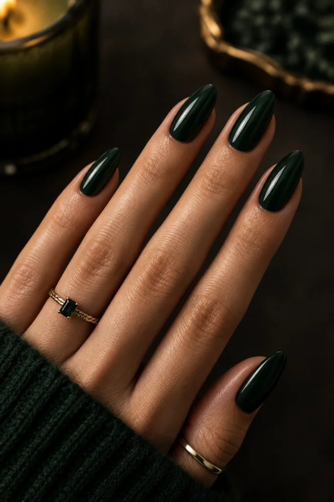 Deep forest green almond nails with a high-gloss finish