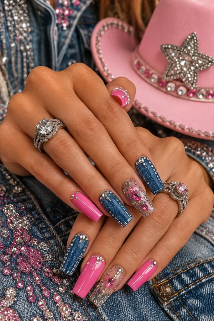 Denim-texture accent nails paired with hot pink and crystals