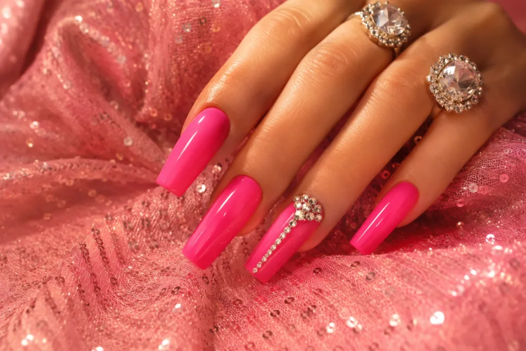 Hot pink country glam Dolly Parton nails with rhinestone details