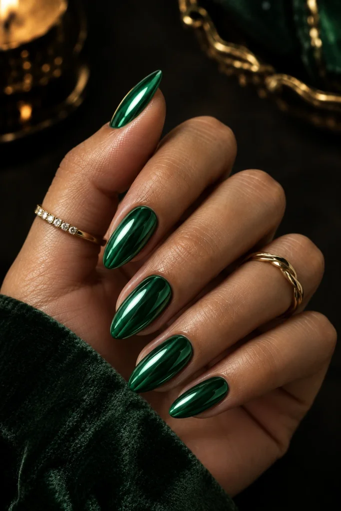 Reflective emerald green chrome almond nails