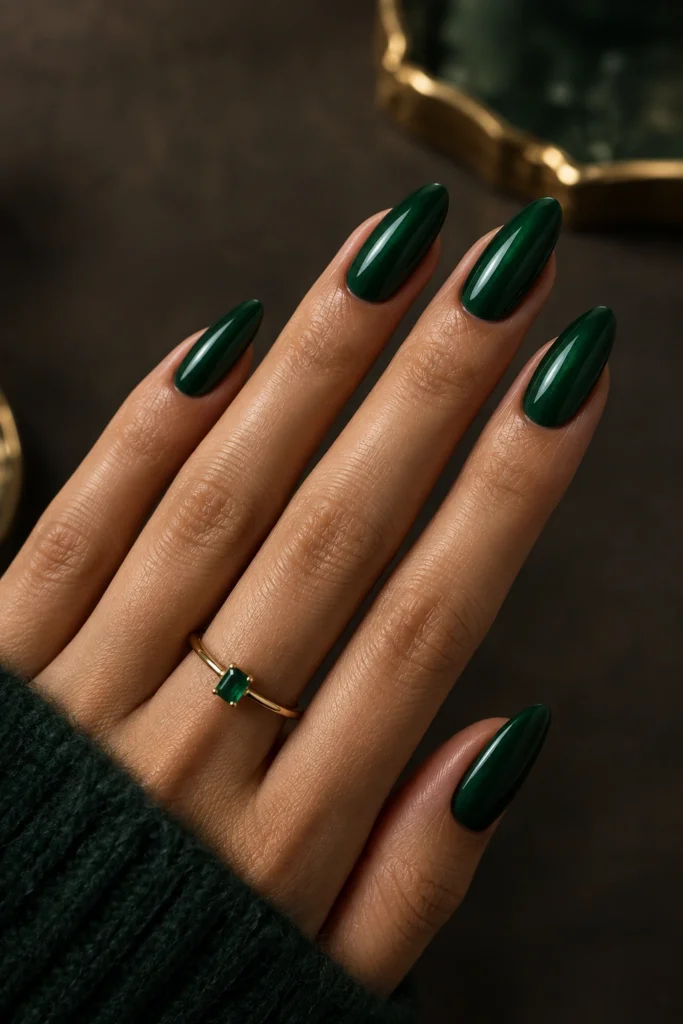 Emerald green nail ideas with a luxurious glossy finish