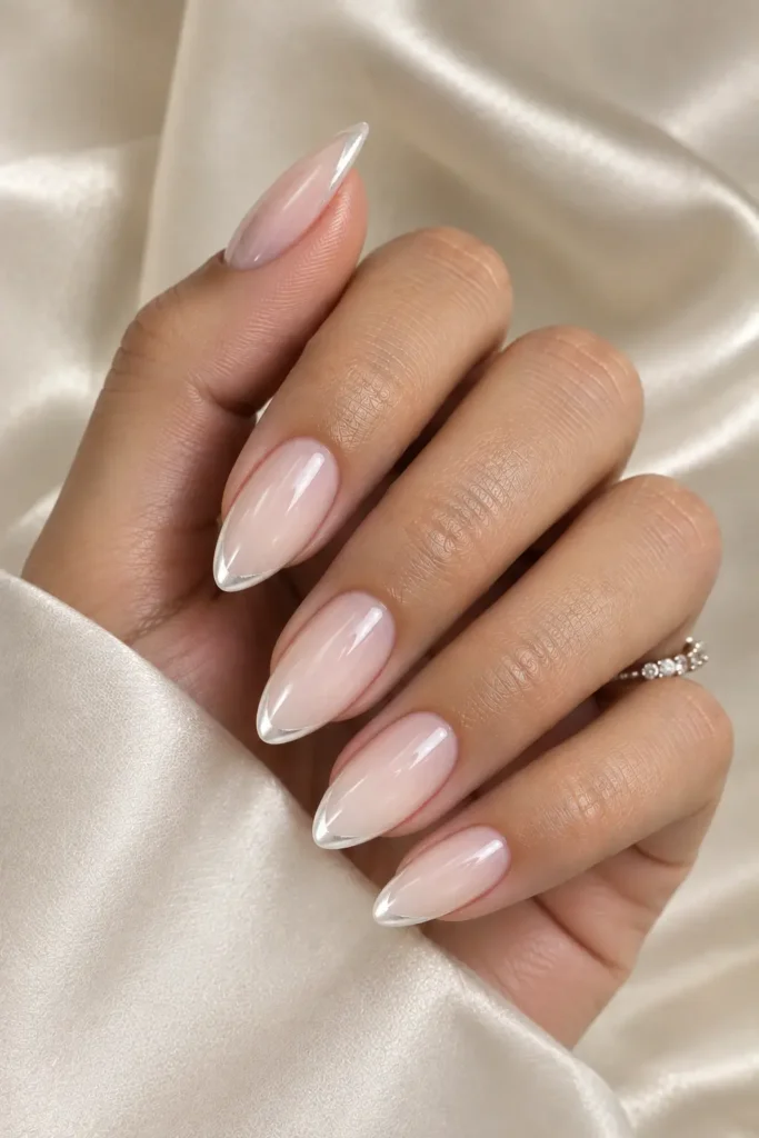 Milky white nails with pearl chrome French tips
