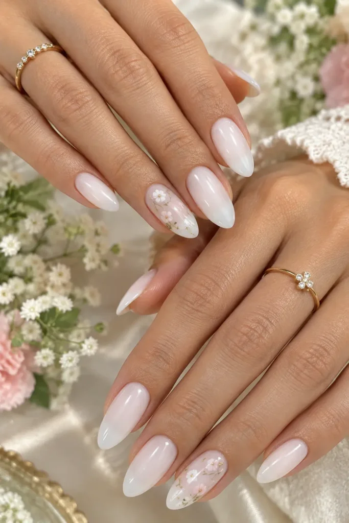 Milky white manicure with tiny floral nail art