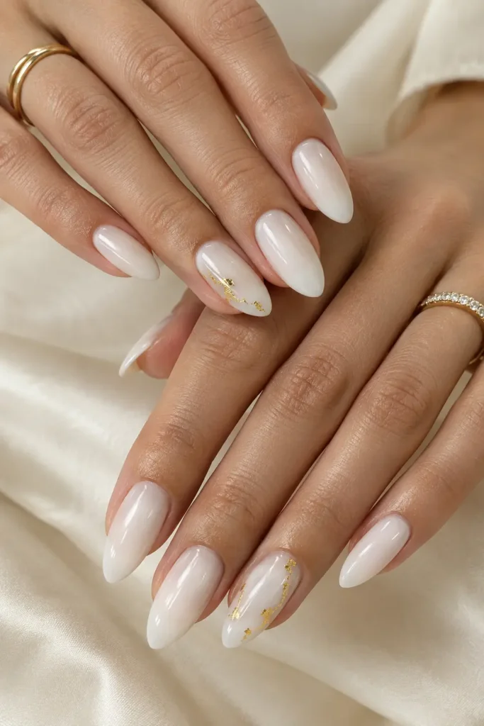 Sheer white manicure with delicate gold accents