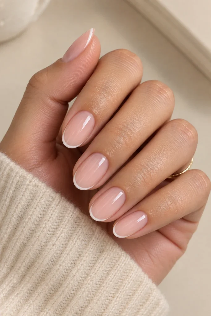 Short Funny Bunny micro French nails with a sheer pink base